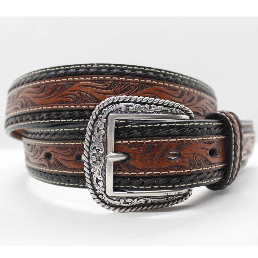 Ariat Floral Tooled Buck Stitch Belt Mens 40 Brown Leather Western Rodeo